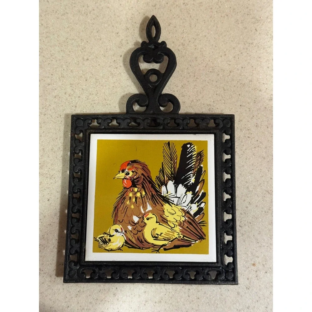 Holt Howard Cast Iron Rooster Ceramic Tile Footed Trivet 9.5